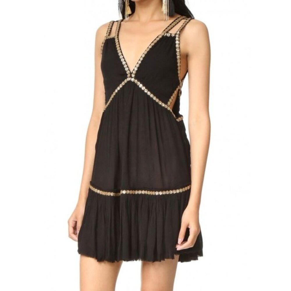 Free People One Shine Marisol Black and Gold Mini Dress Small